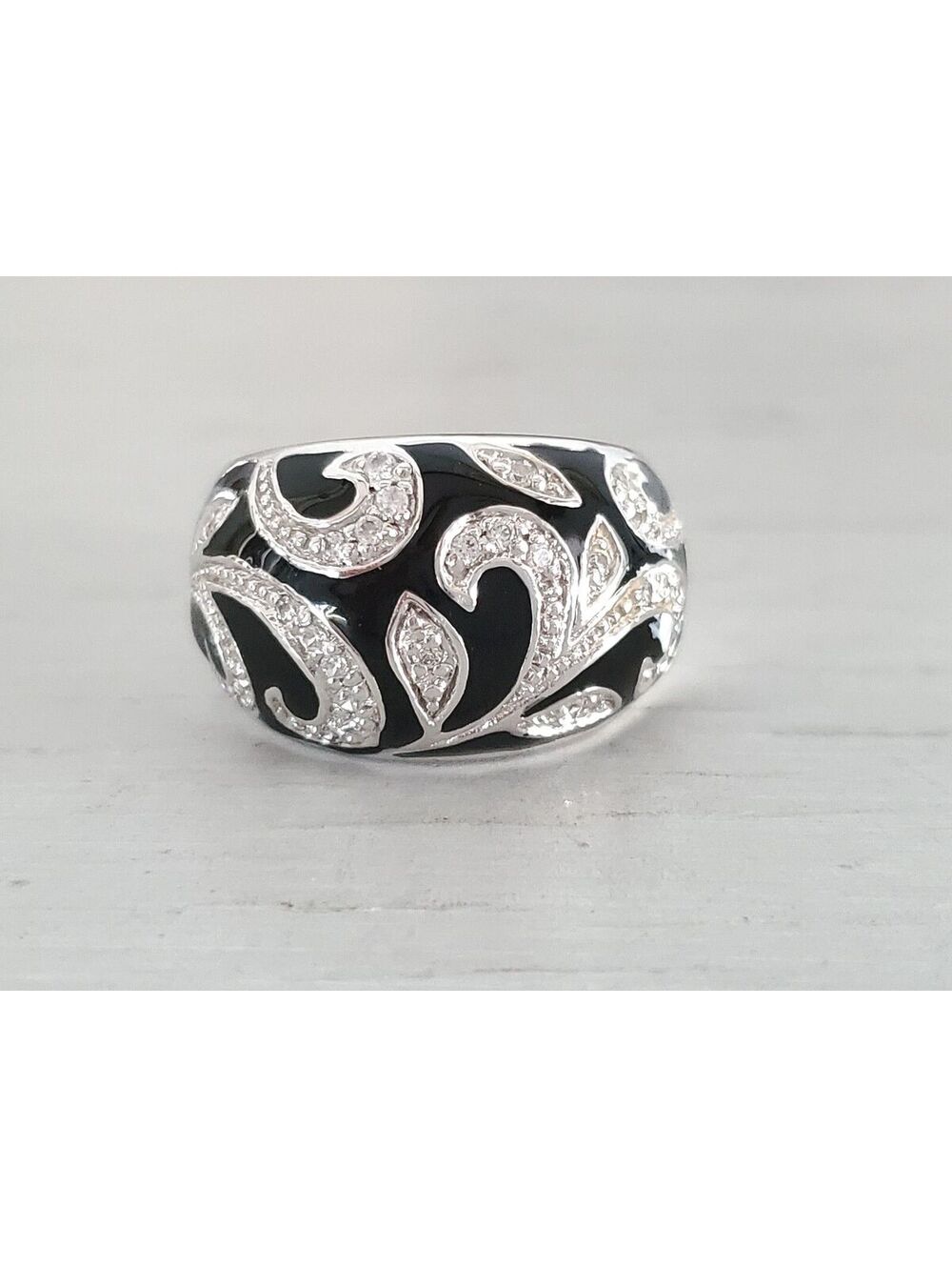 Sterling Silver ADI CZ Black and White Enamel Dome Ring